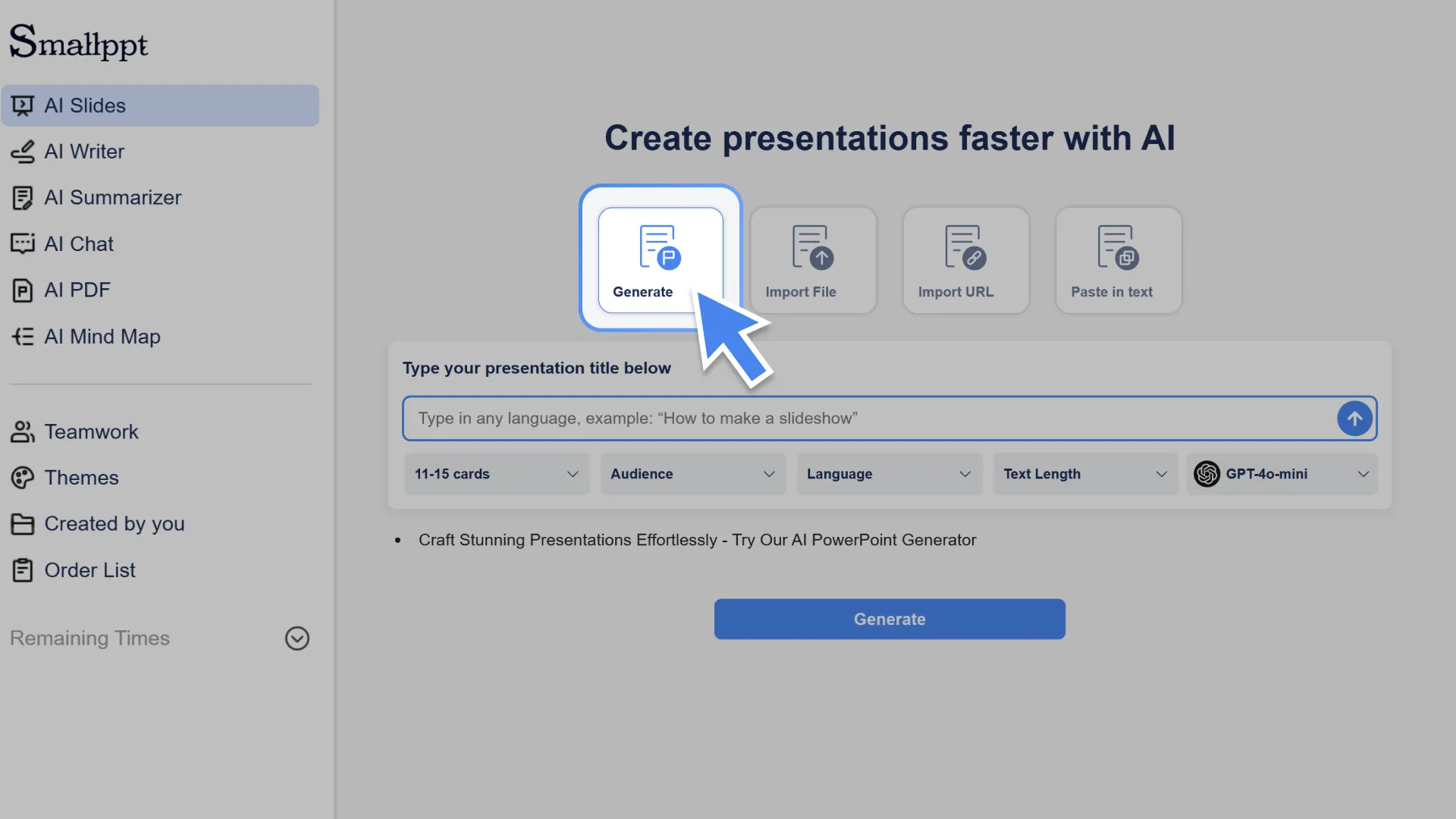 Convert text into a professional presentation using AI with Smallppt