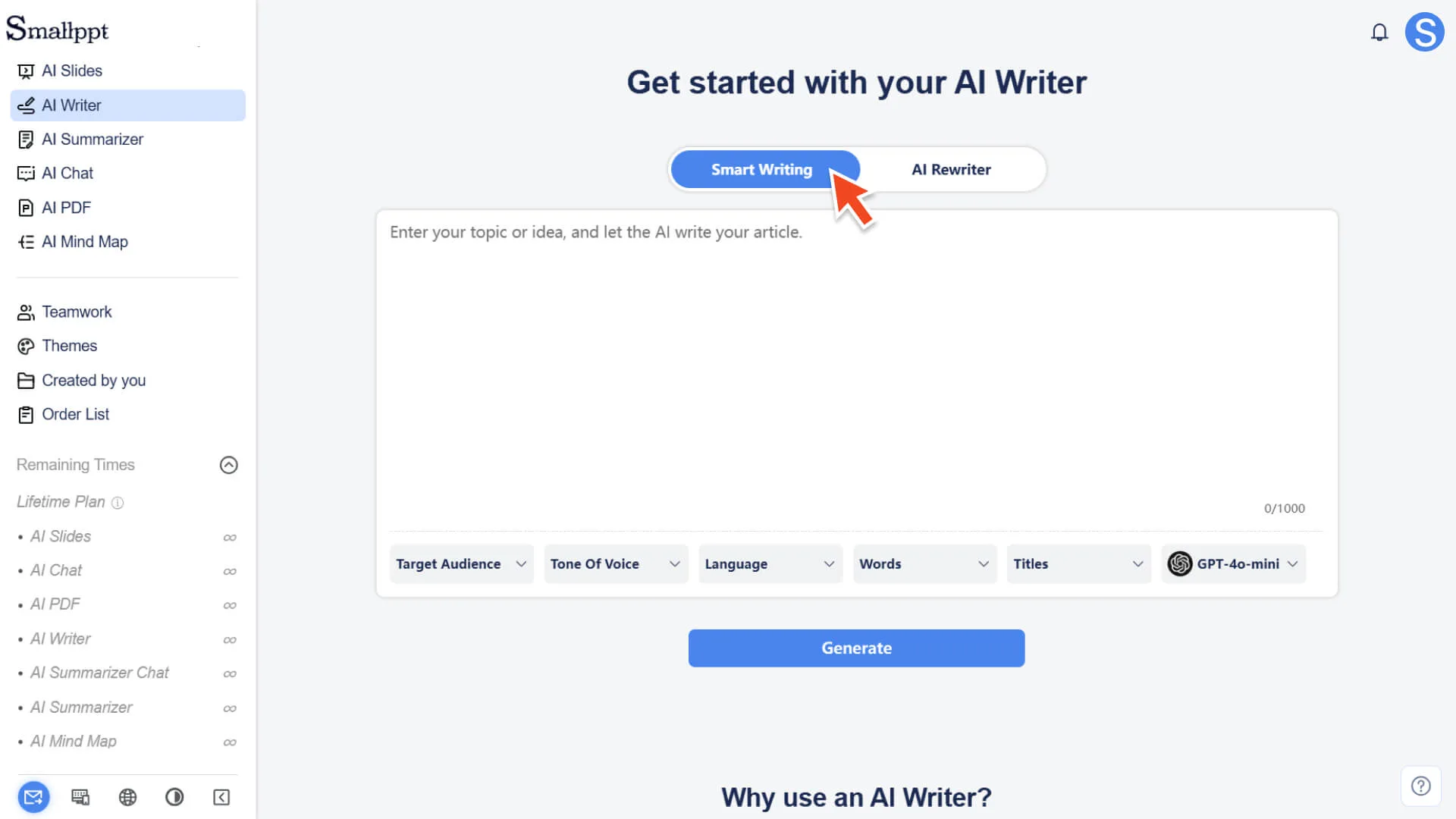 Click Writing Mode in Smallppt to start creating new content