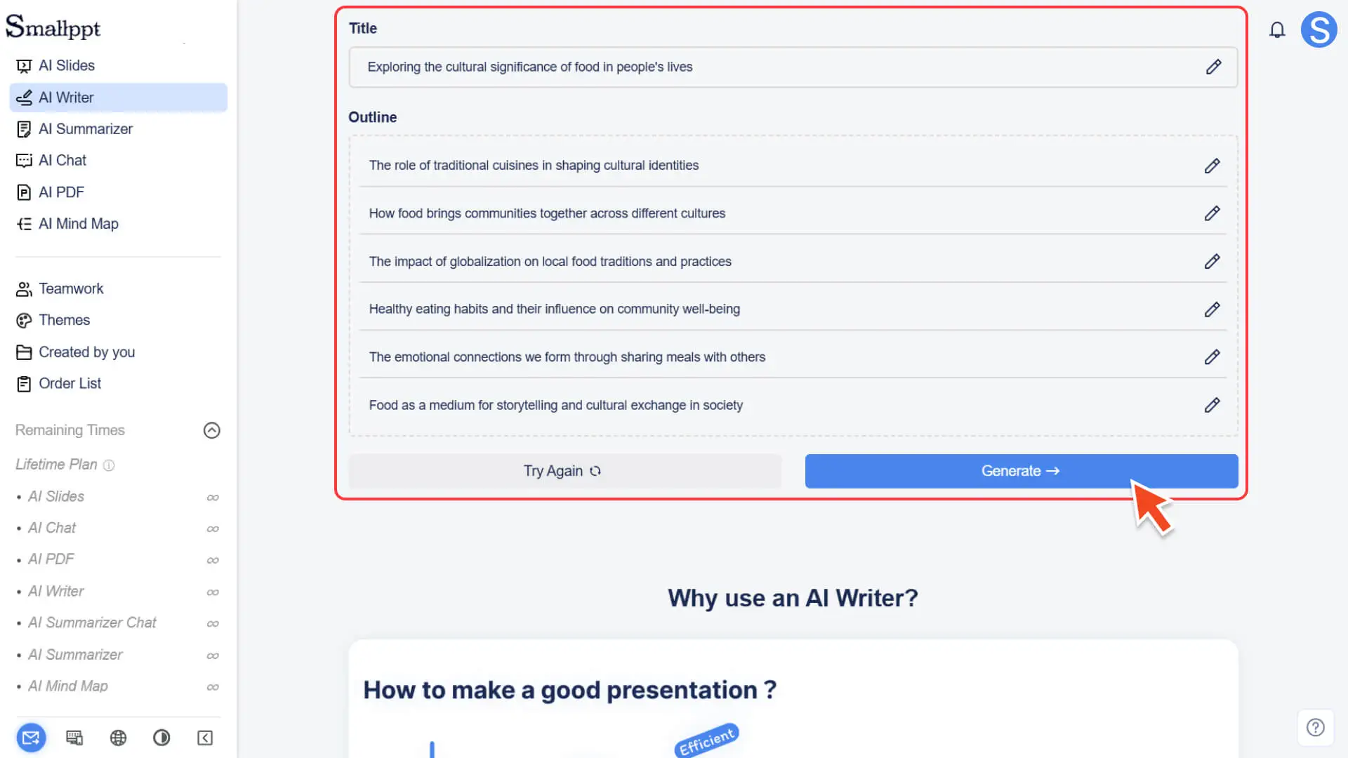 Click one-click outline generation