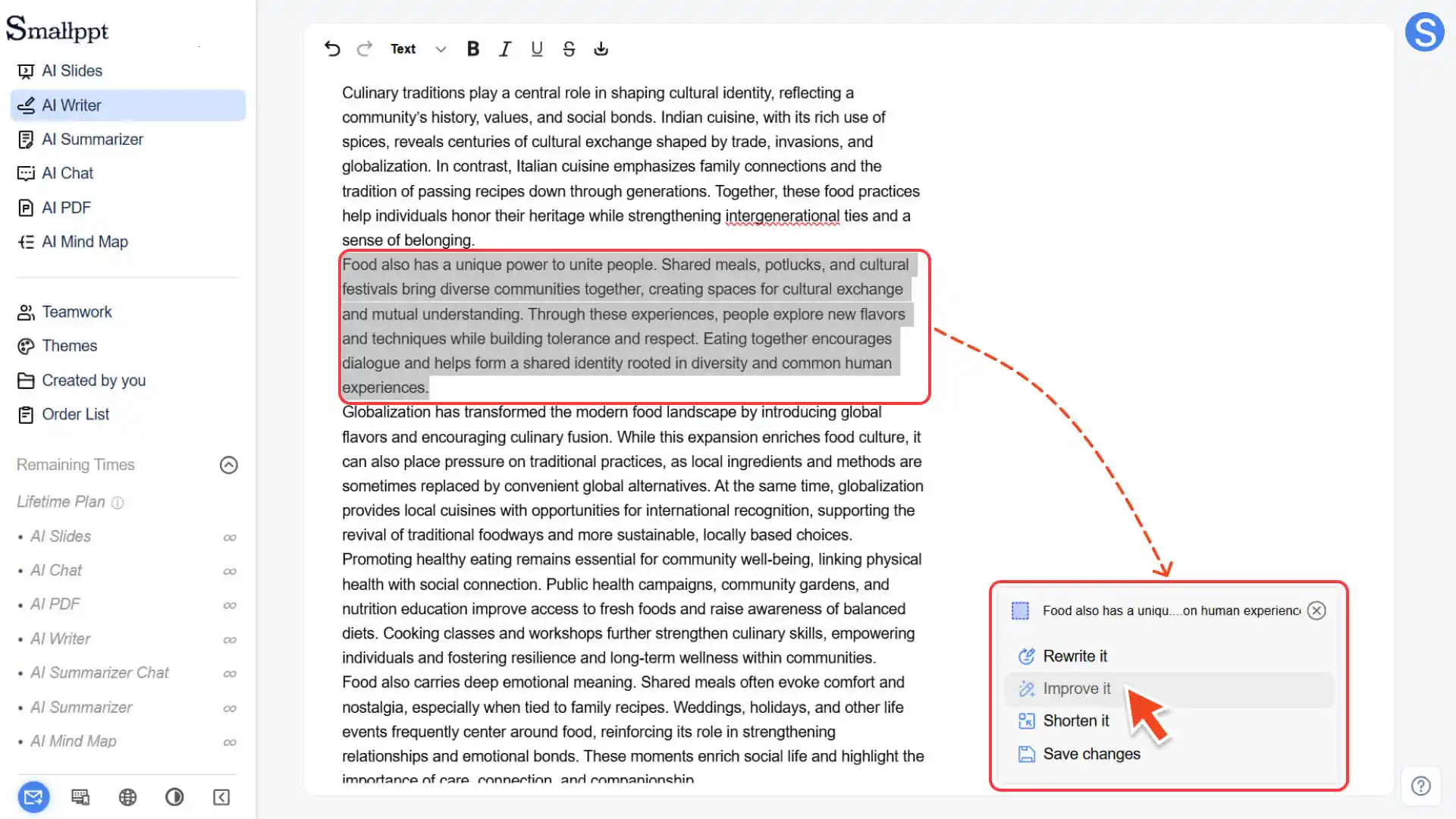 Select the content to open the edit panel