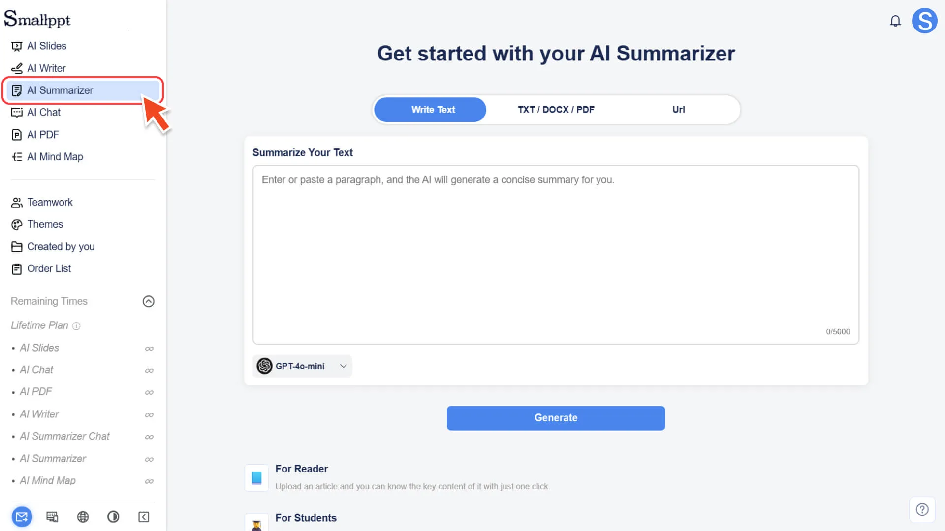 Click the AI Summarizer in Smallppt