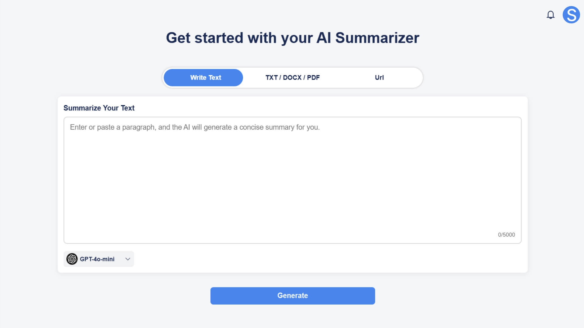 Type or paste your text into the AI Summarizer