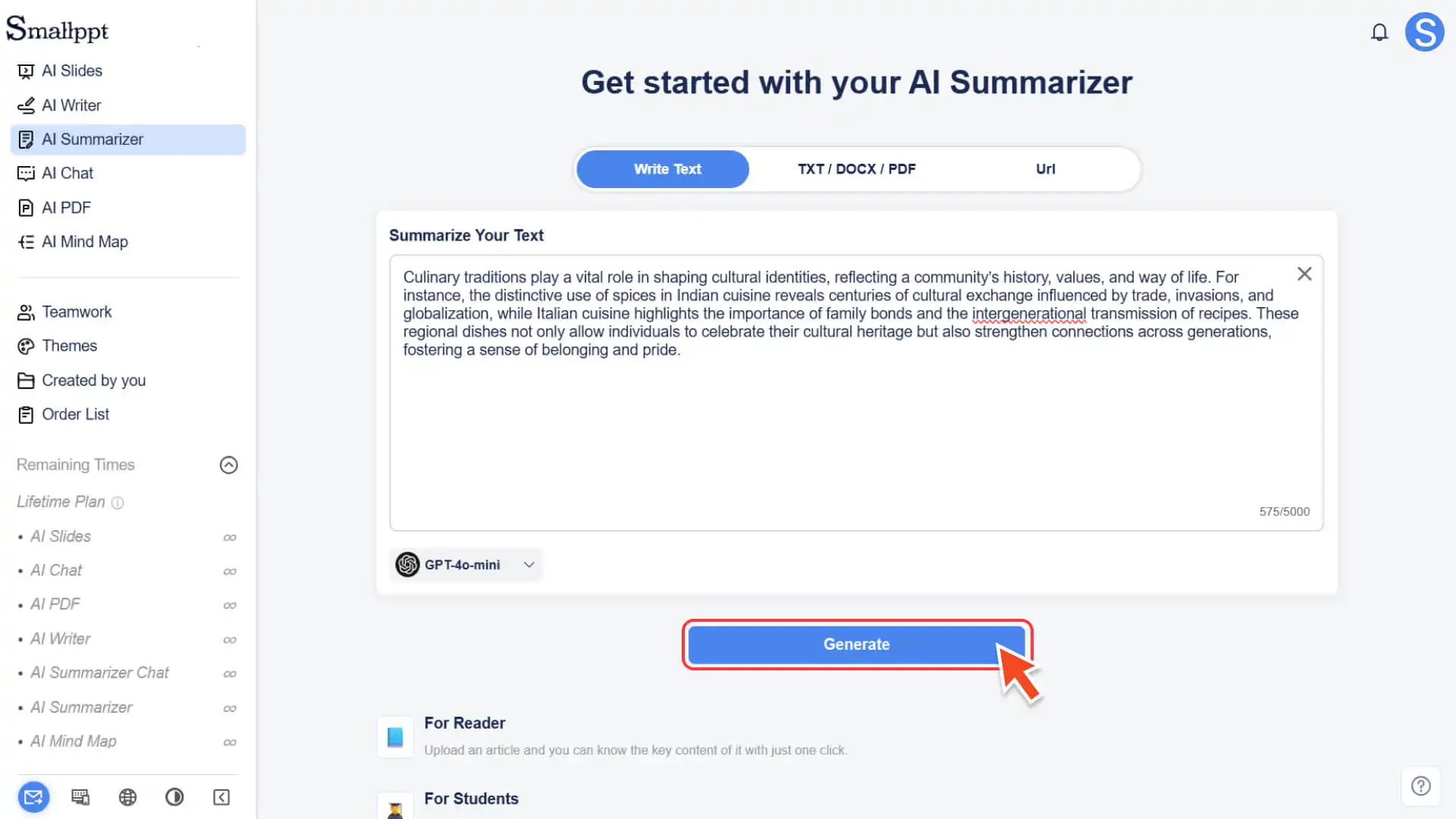 Generate a structured summary with one click in Smallppt