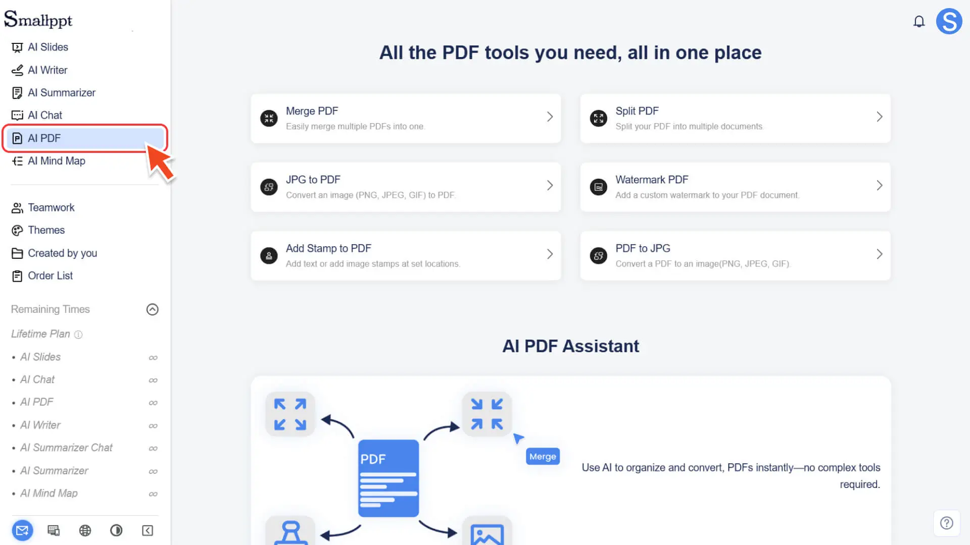 Click the AI PDF feature in Smallppt