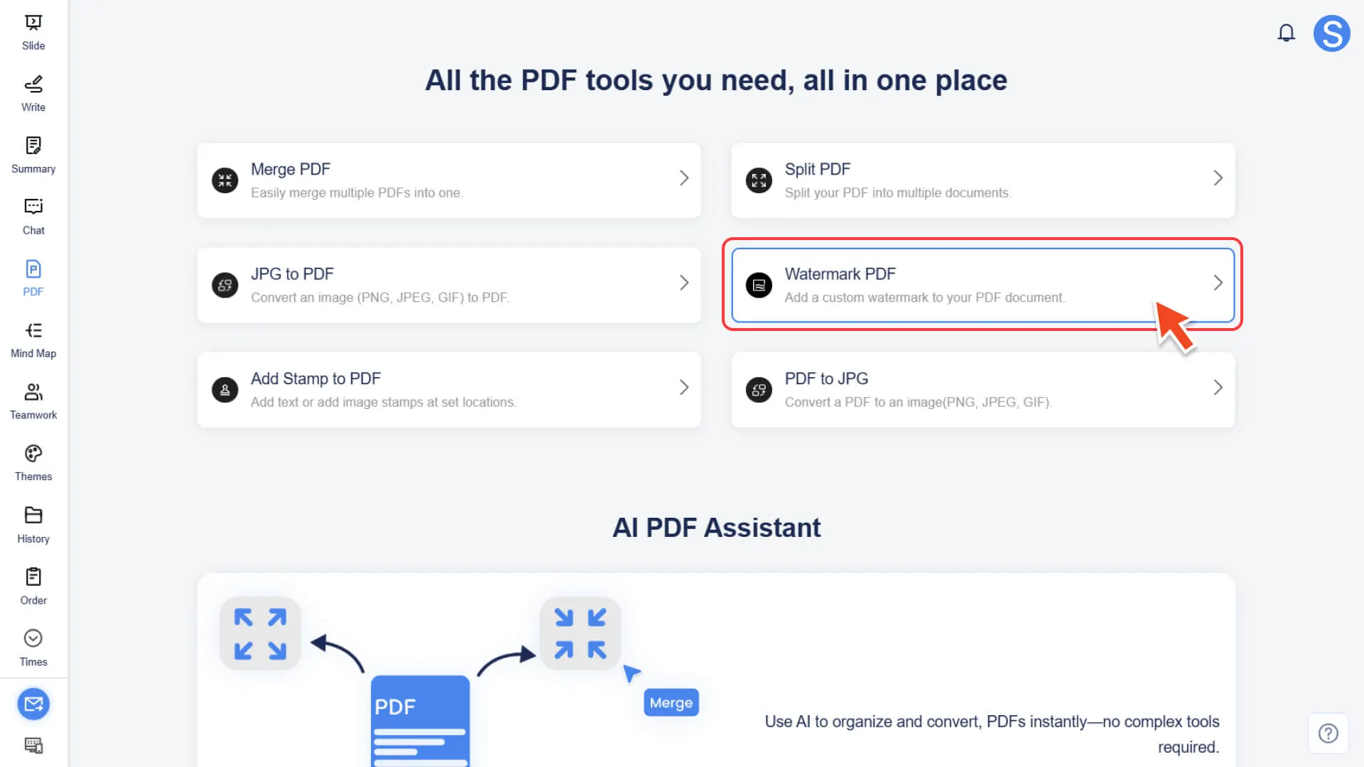 Select the PDF Watermark feature in Smallppt