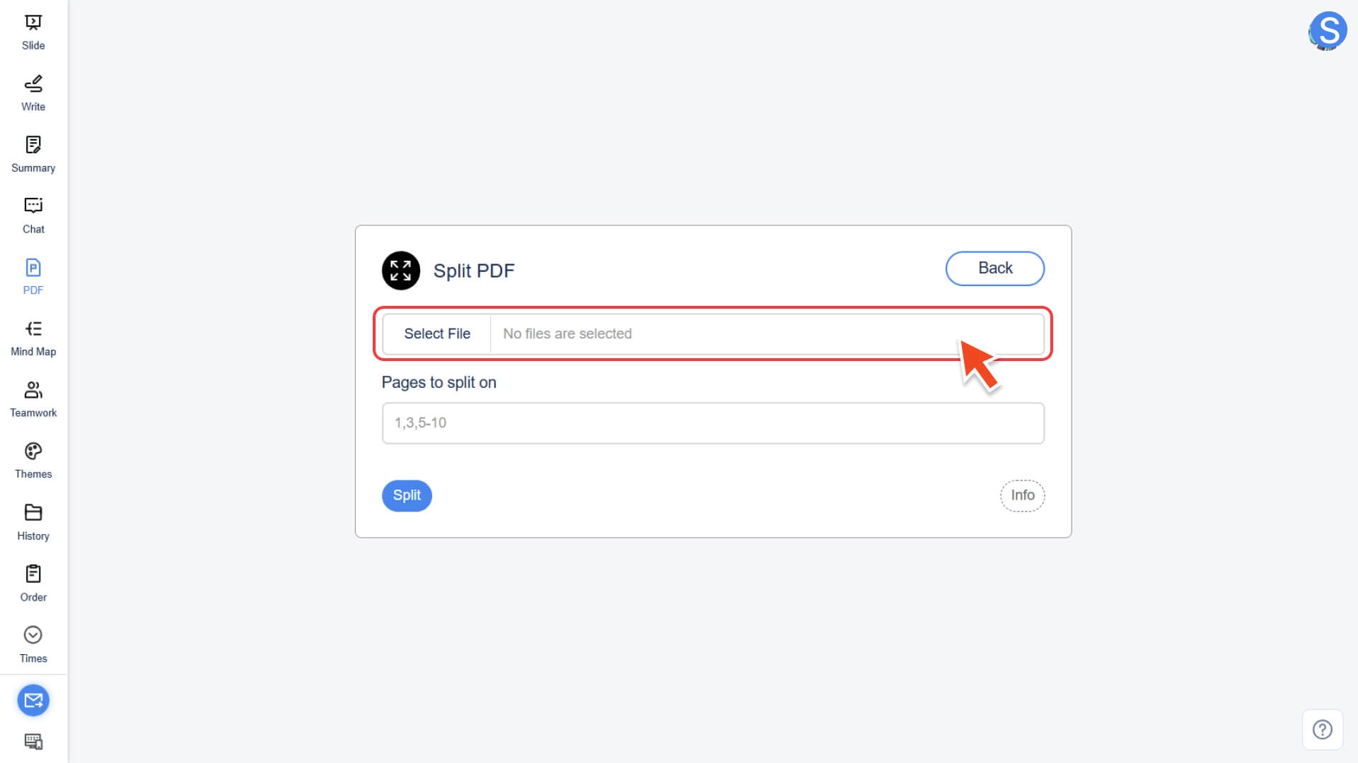 Upload the PDF to be split