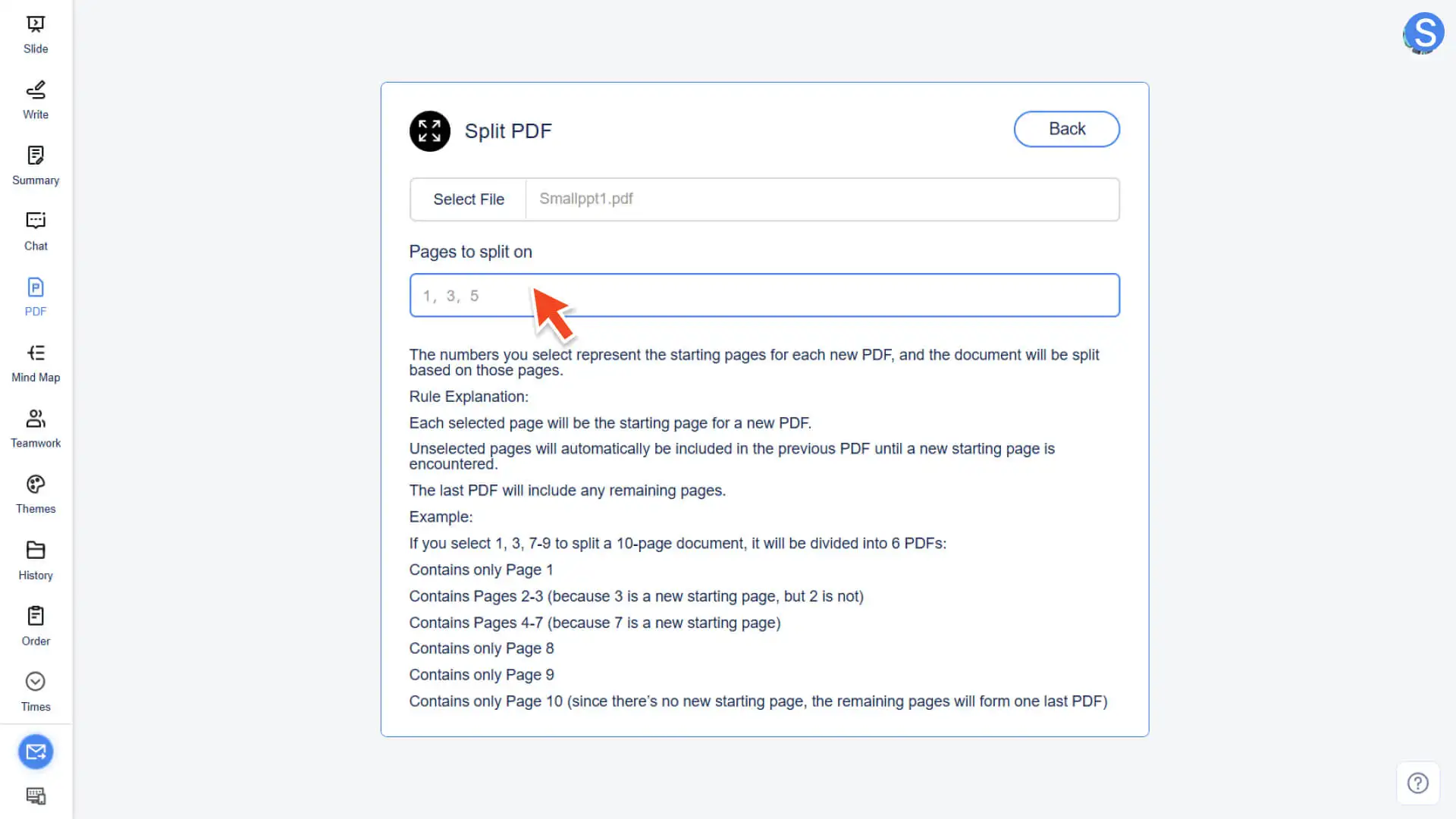 Set the starting page for splitting