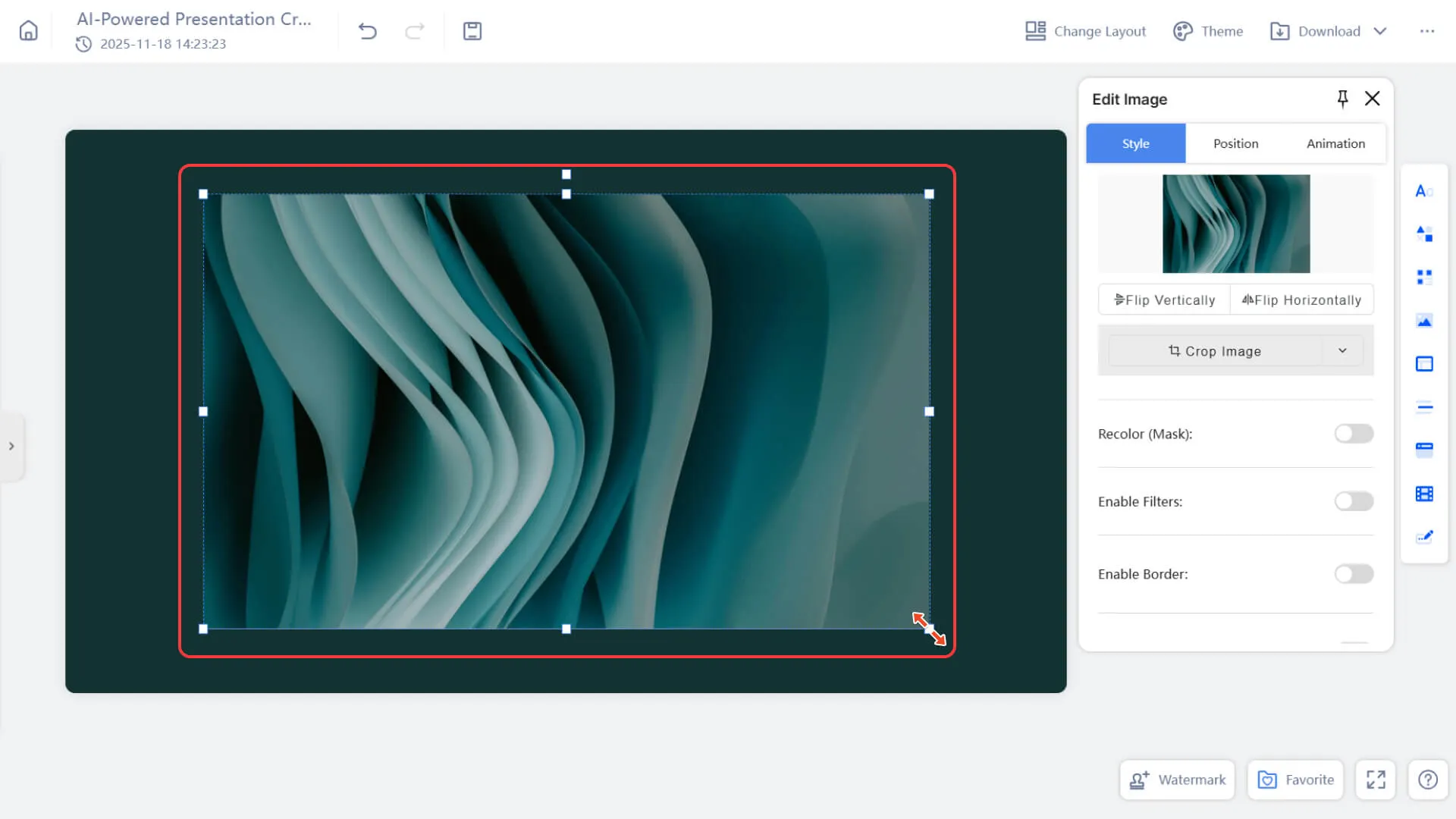 Drag the edge handles to resize the image