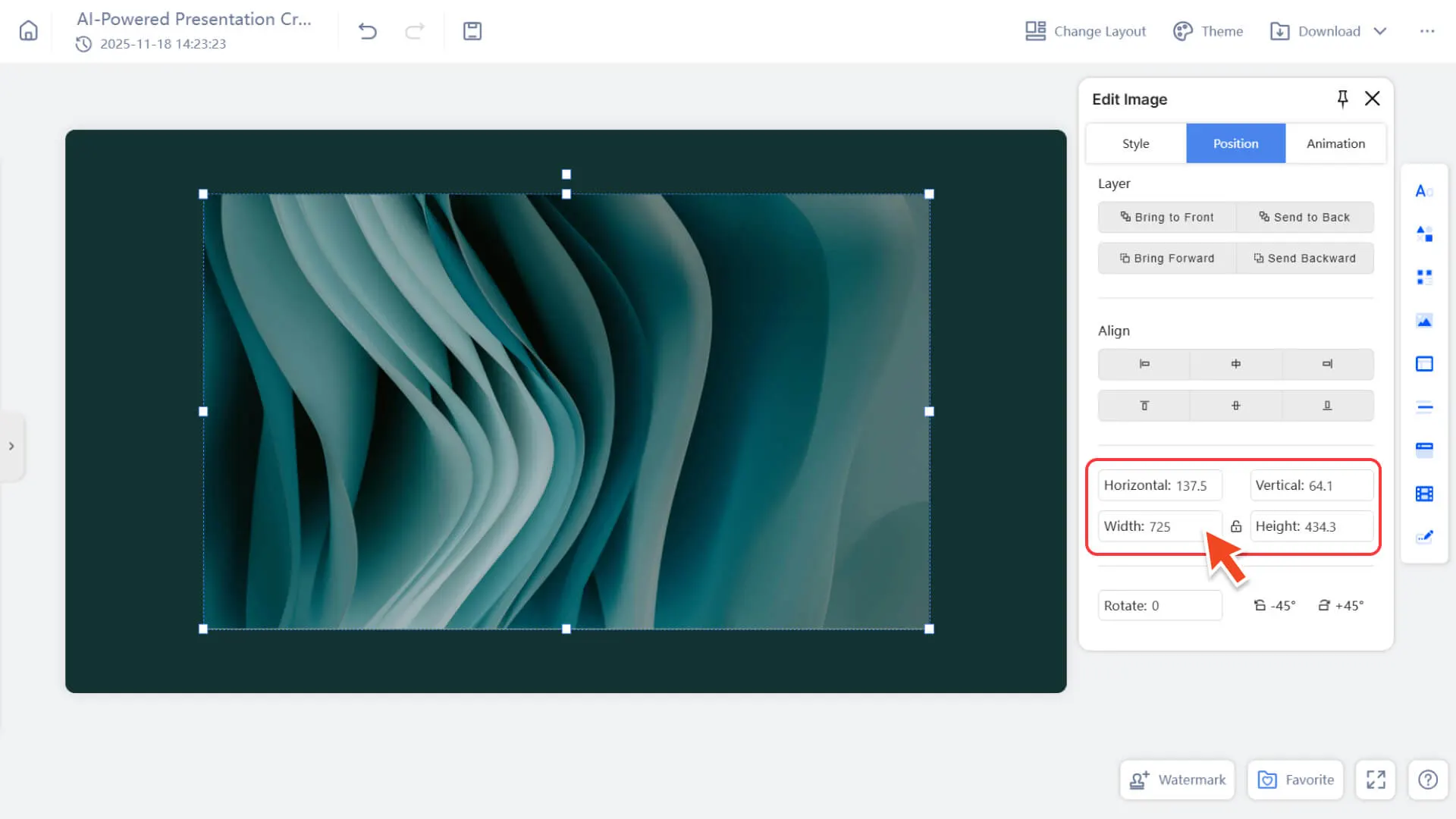 Select the image to open the position panel