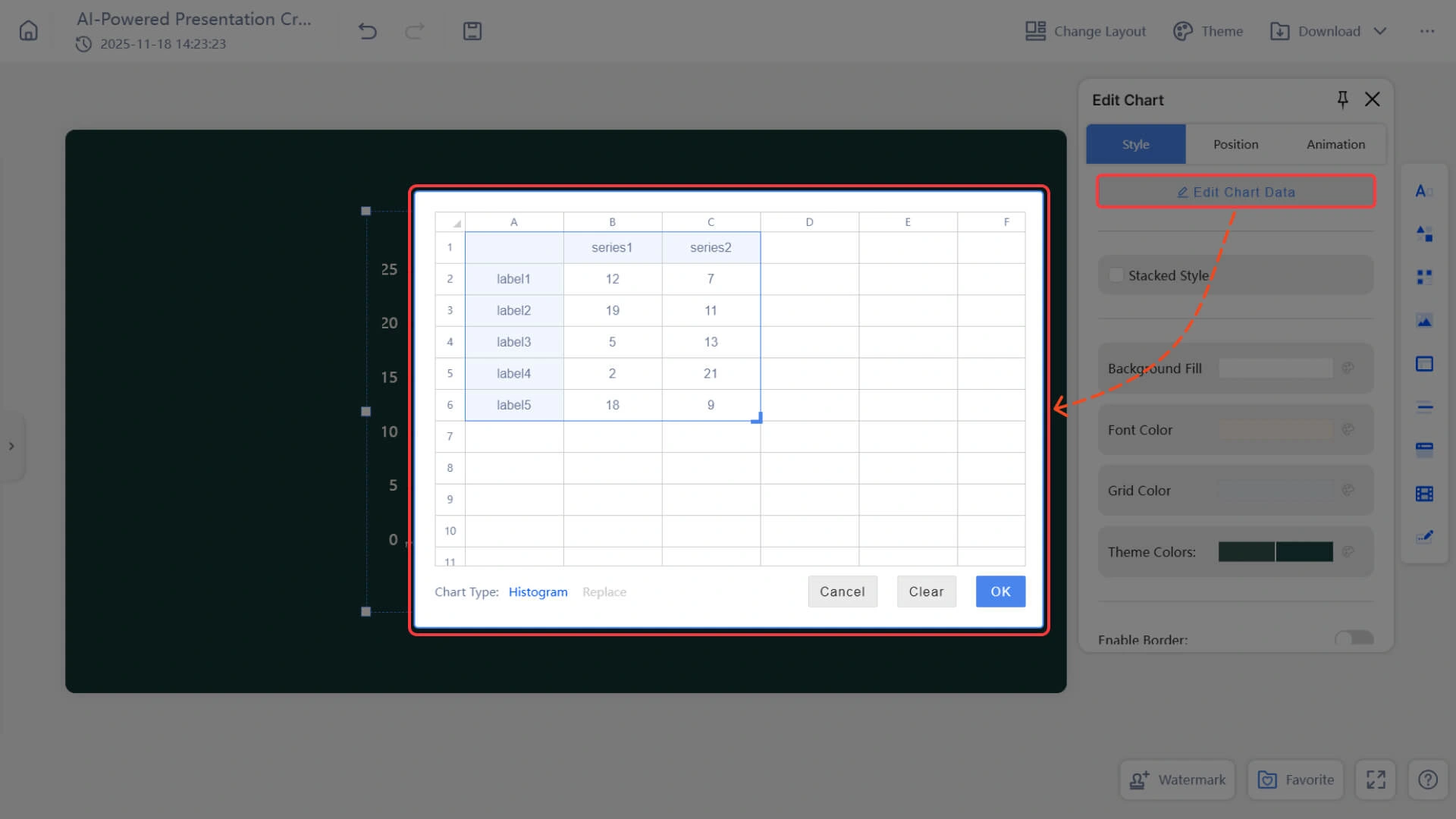 Clicking on the chart will bring up the "Edit Chart Data" panel