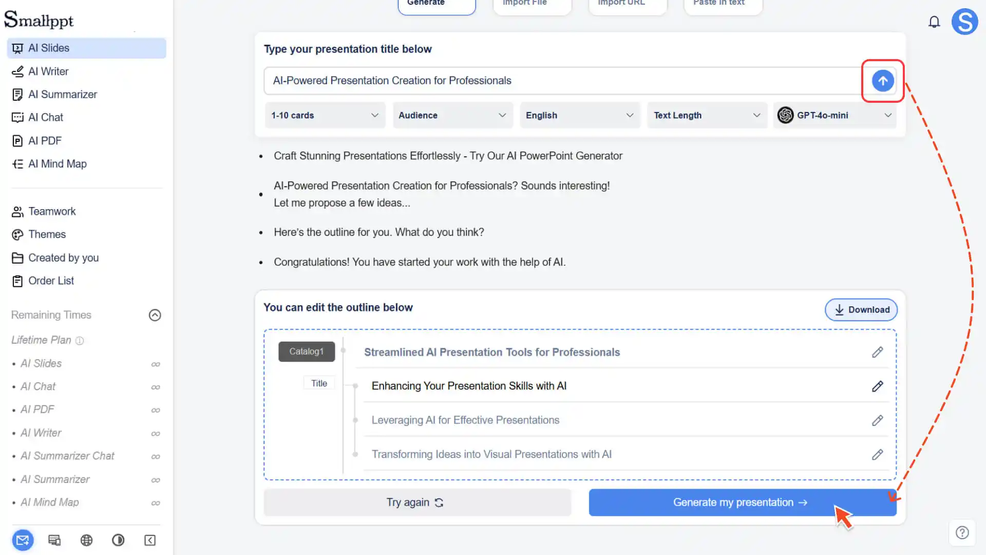 Click to generate presentation outline