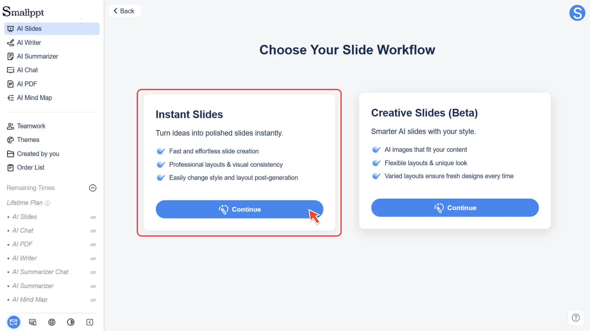 Select "Instant Slides" to create