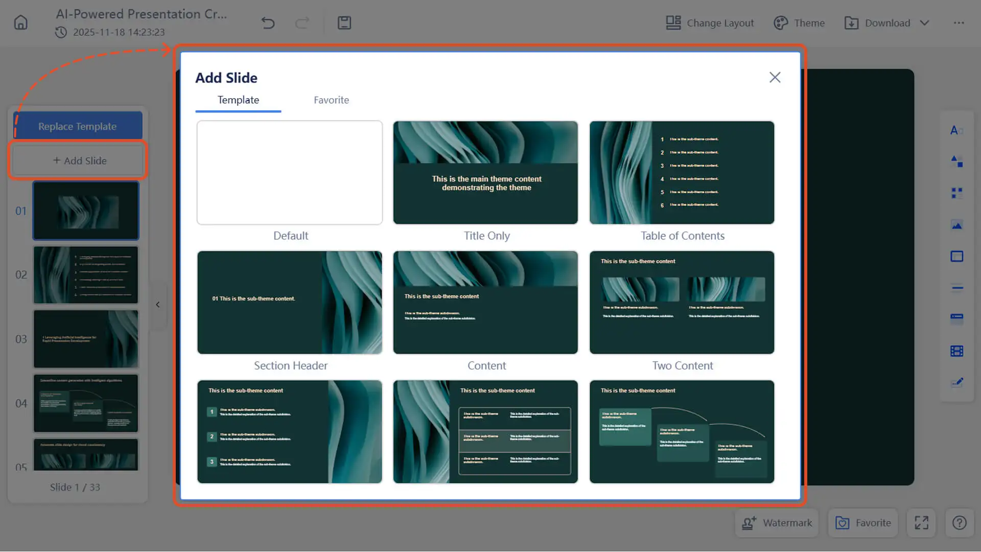 Click “+ Add Slide” to add a new slide