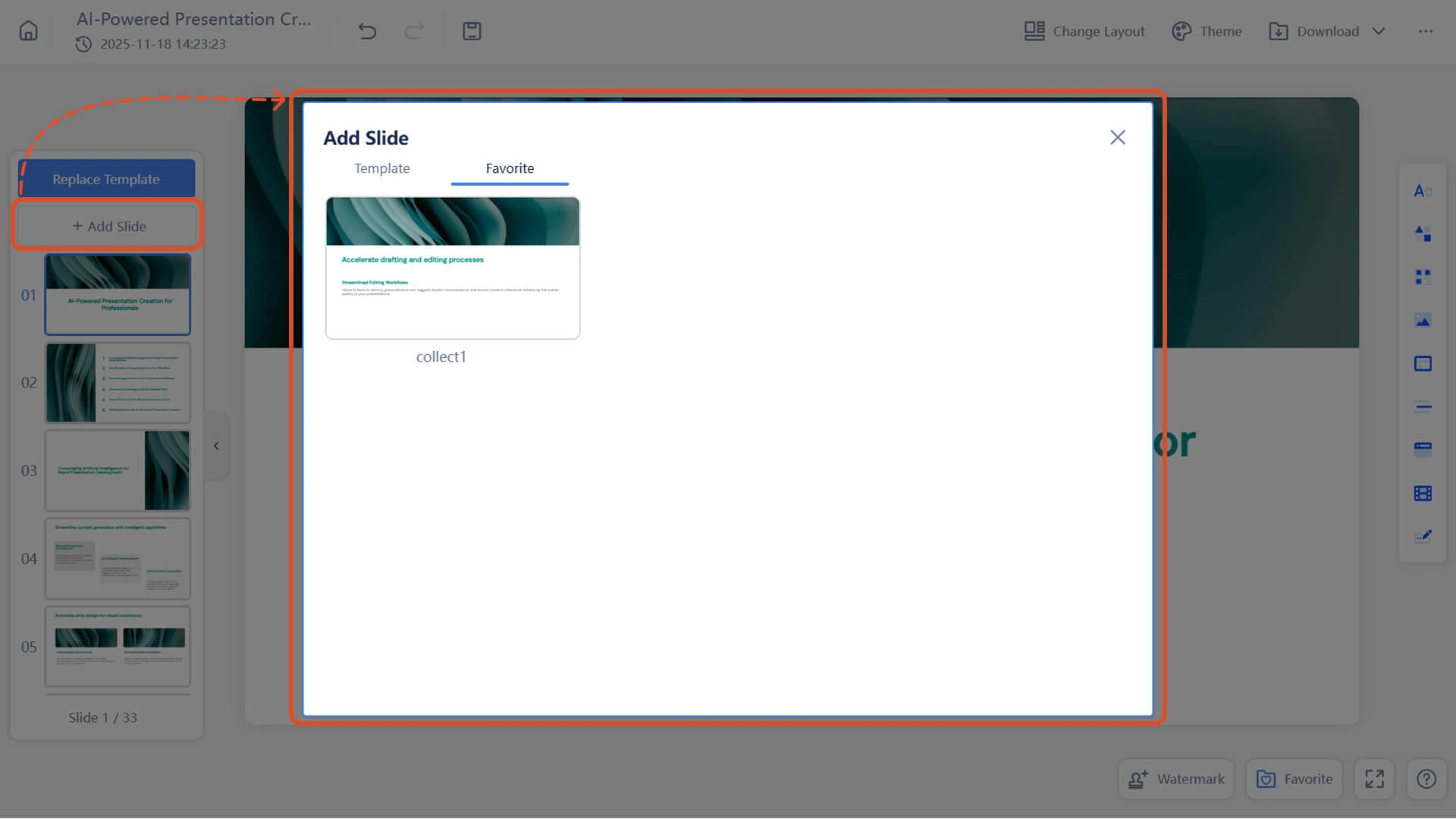 Click the slide favorites panel to view saved slides
