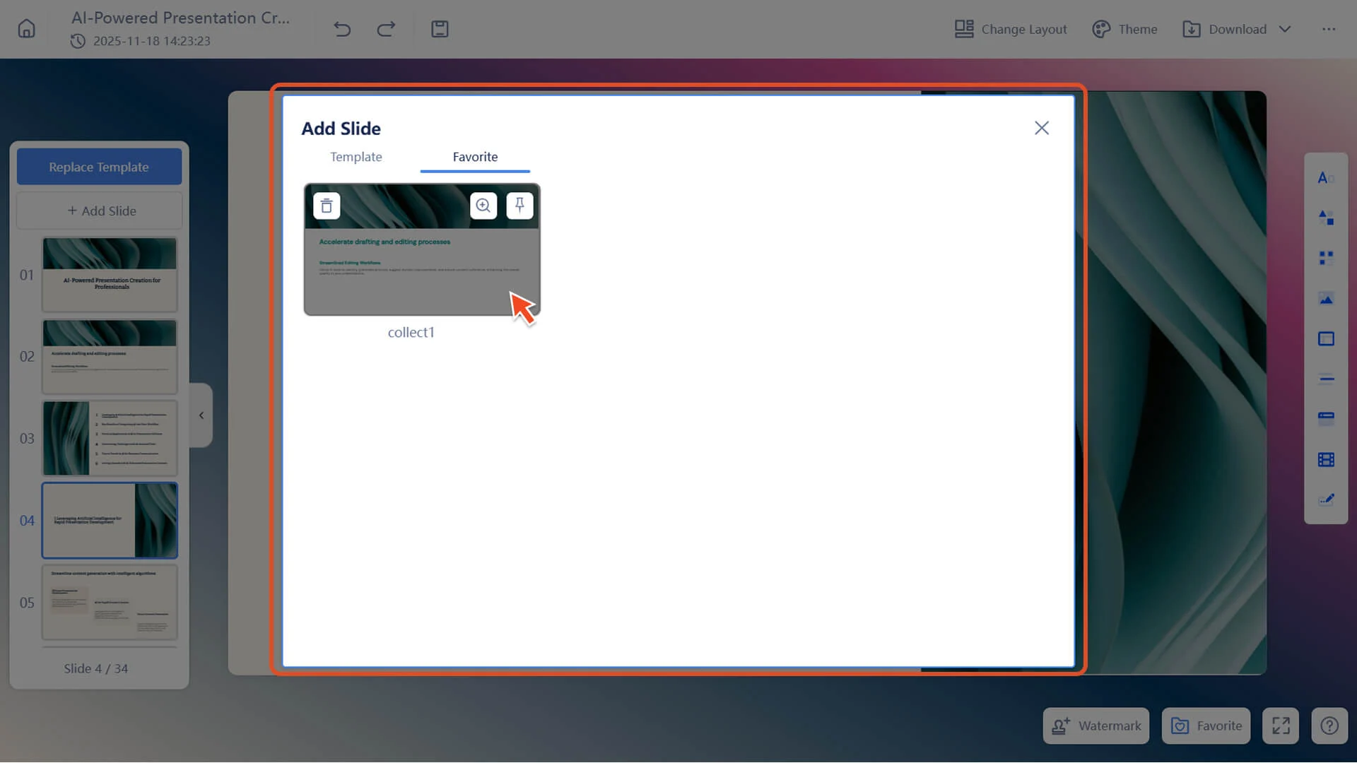 Preview, delete, or pin slides in favorites