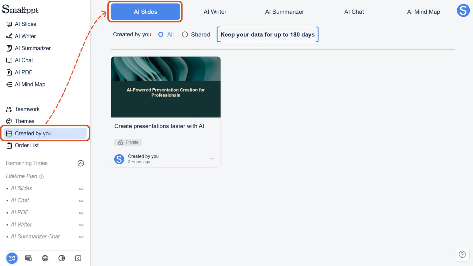 Click “Created by You” to view your creation history across all features