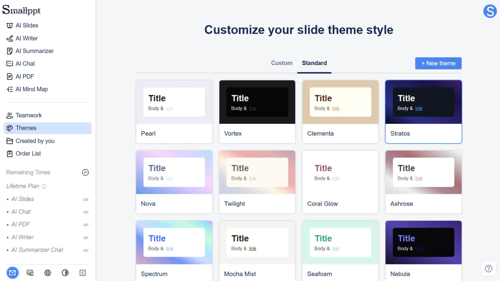 Browse a wide range of slide themes in Smallppt with full customization support