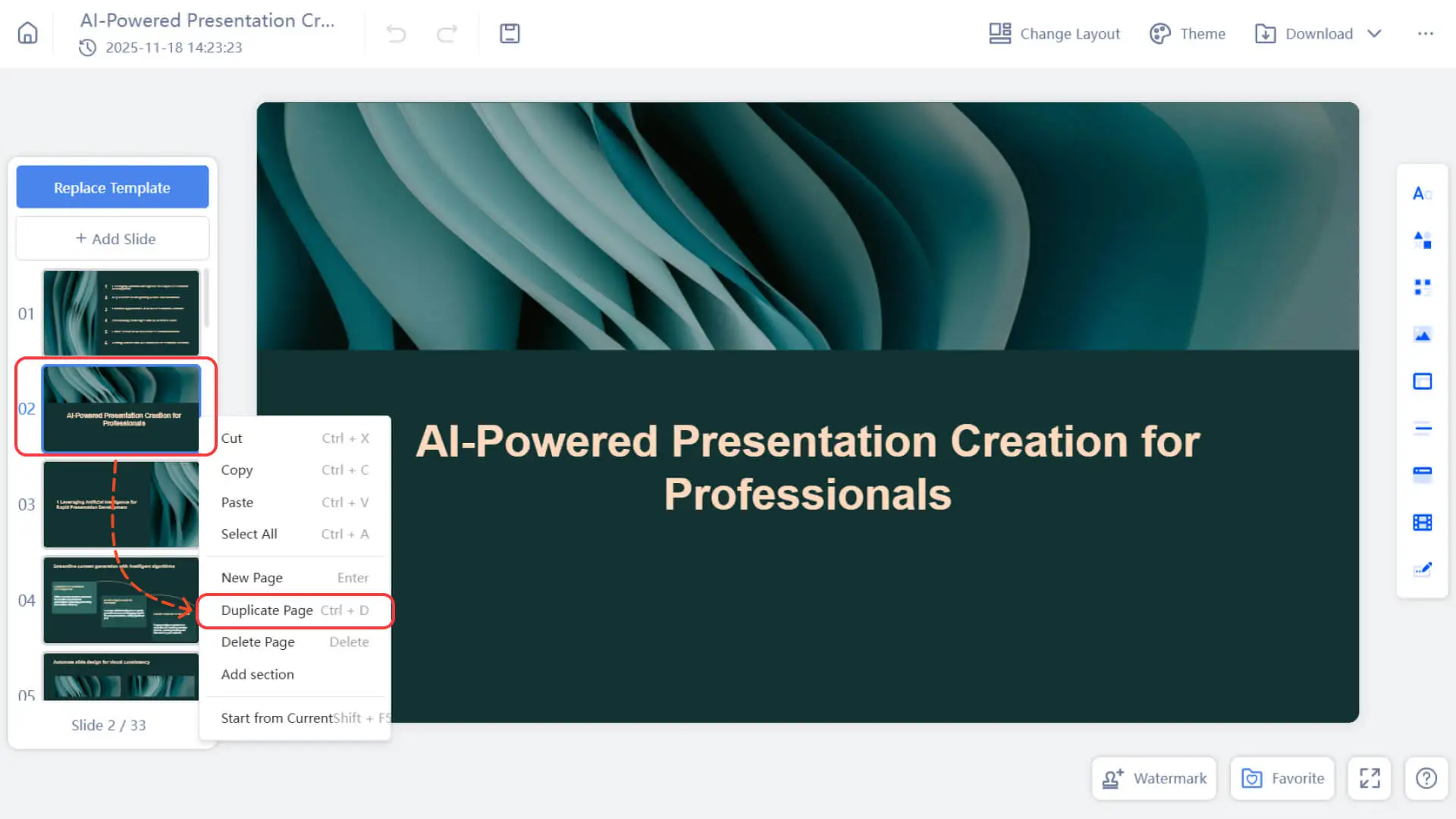 Right-click a slide card to add a new slide