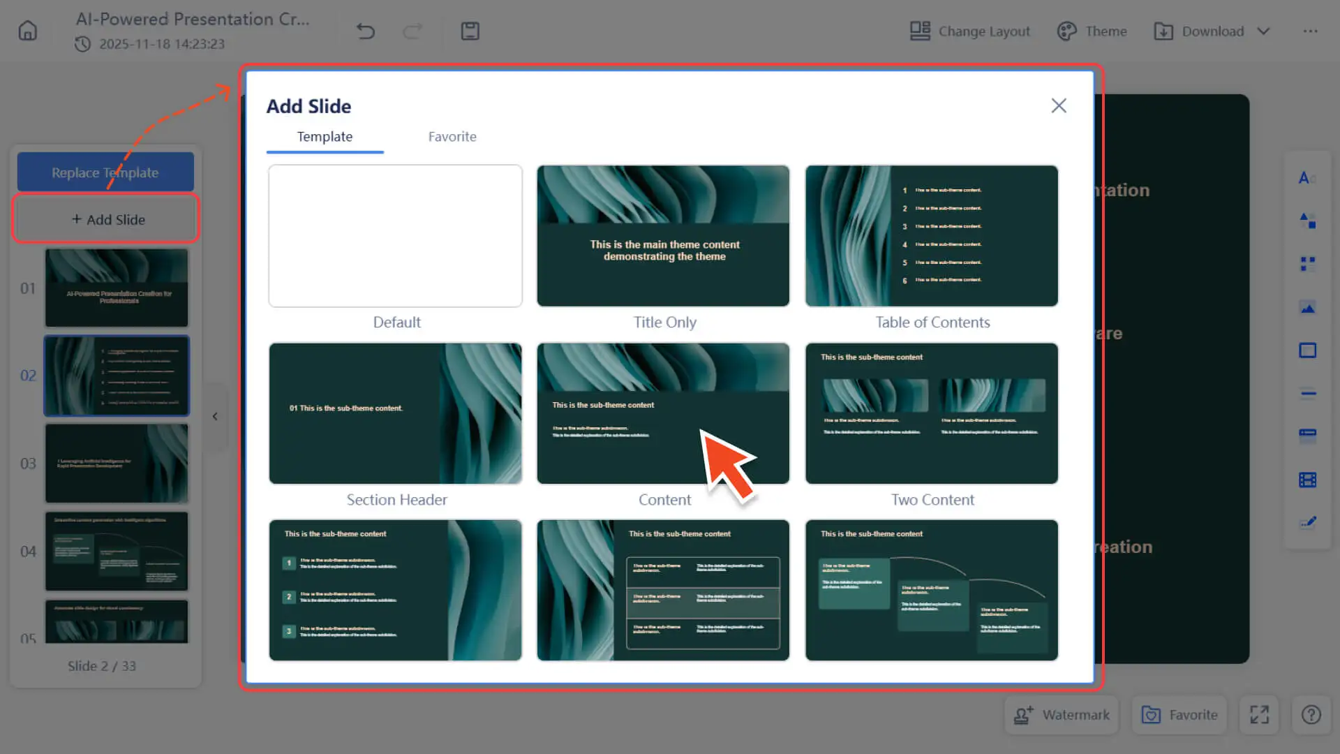 Click “+ Add Slide” to add a default slide