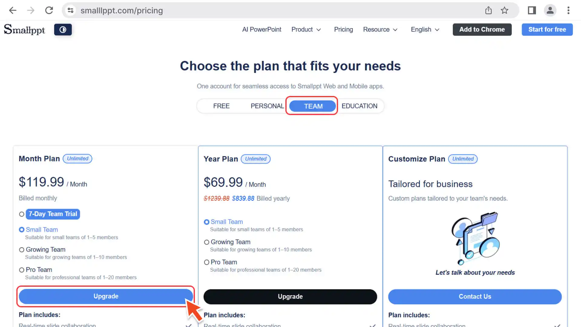 Choose a team subscription based on team size and billing cycle