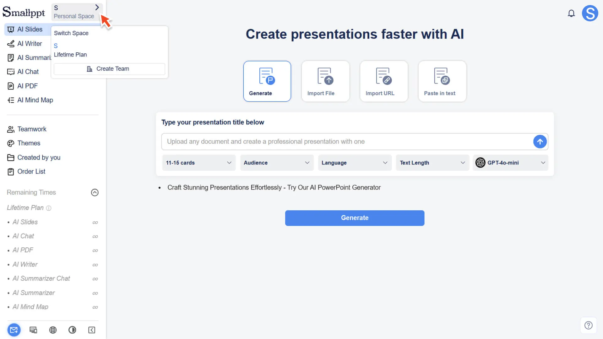 Switch between personal and team workspaces in the Smallppt dashboard