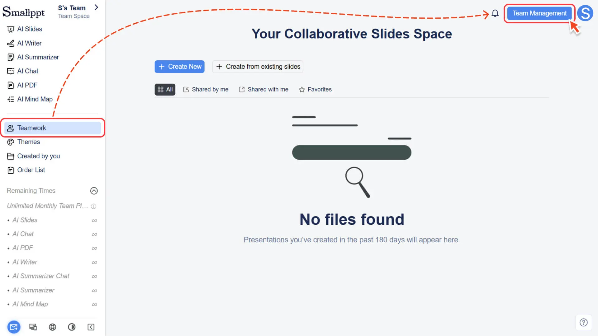 Click the Team Management button in Smallppt