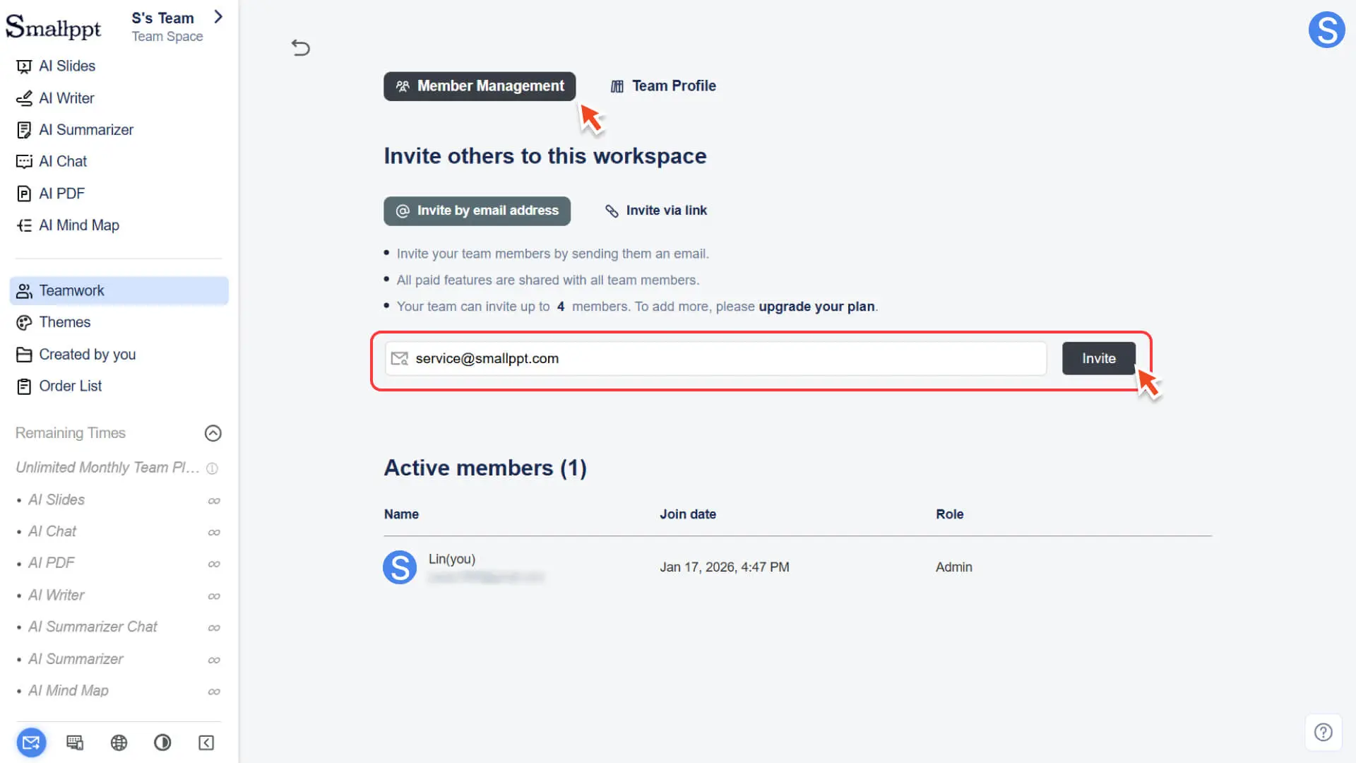 Enter the member’s Smallppt registered email and send an invitation