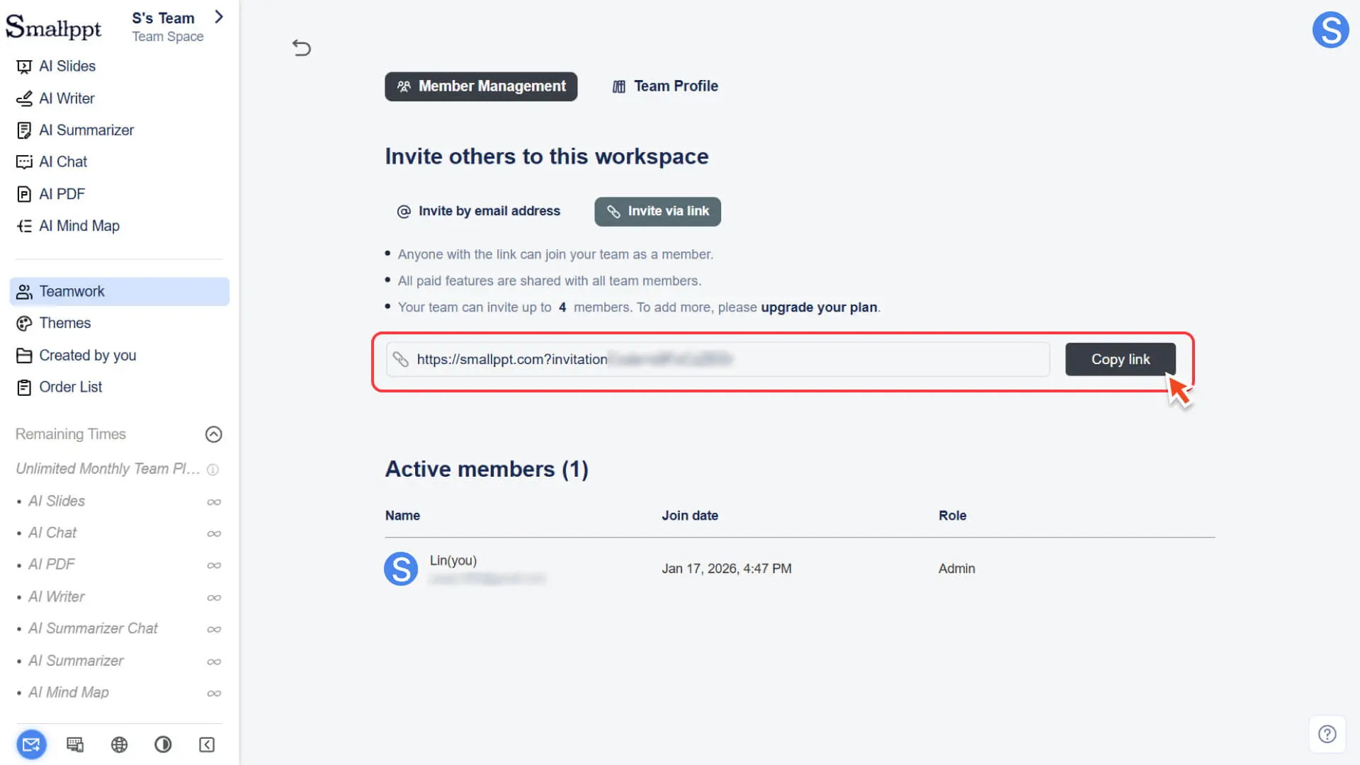 Copy the invitation link and share it with the member