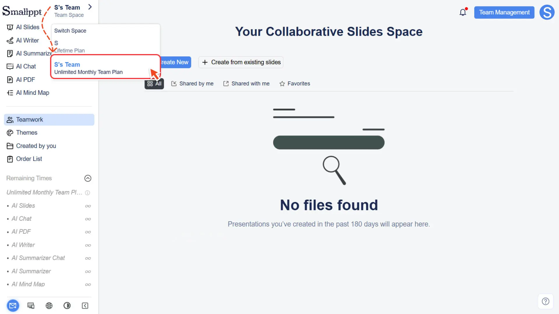 Switch to the team workspace in Switch Space