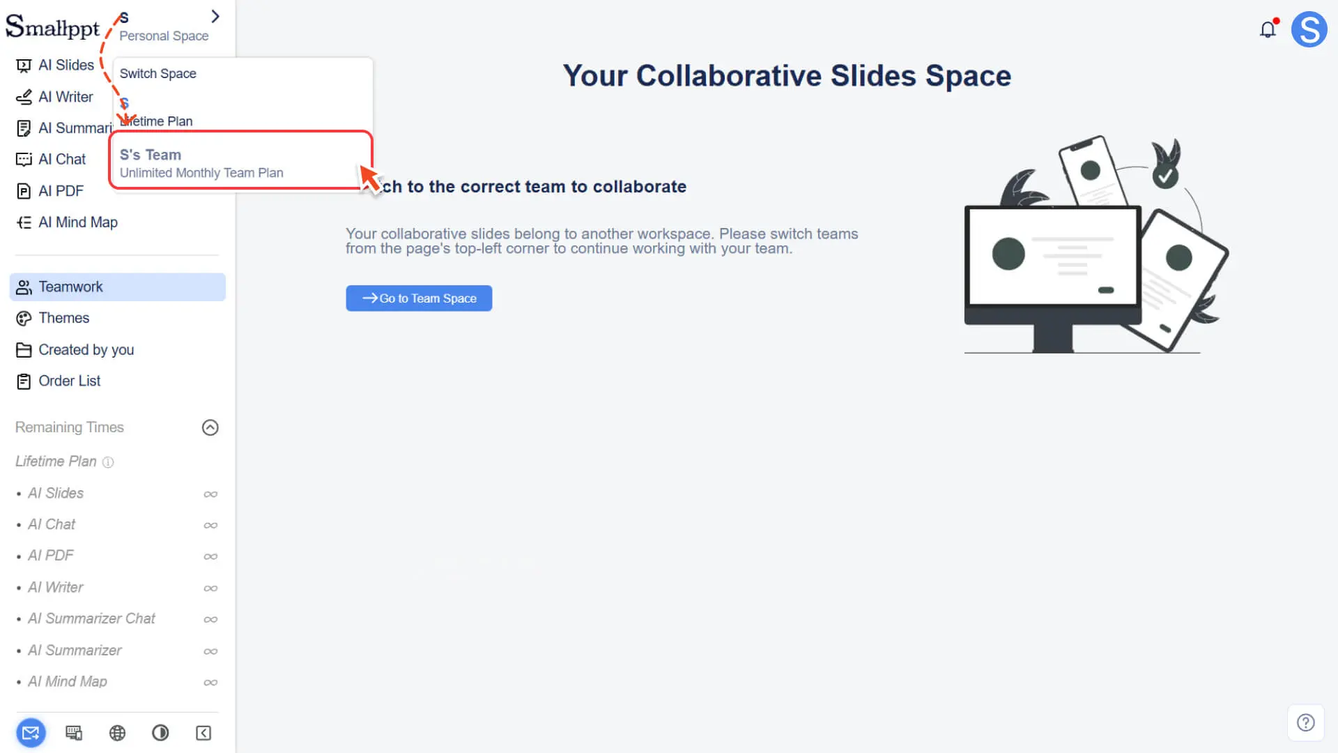 Switch to the Smallppt team workspace