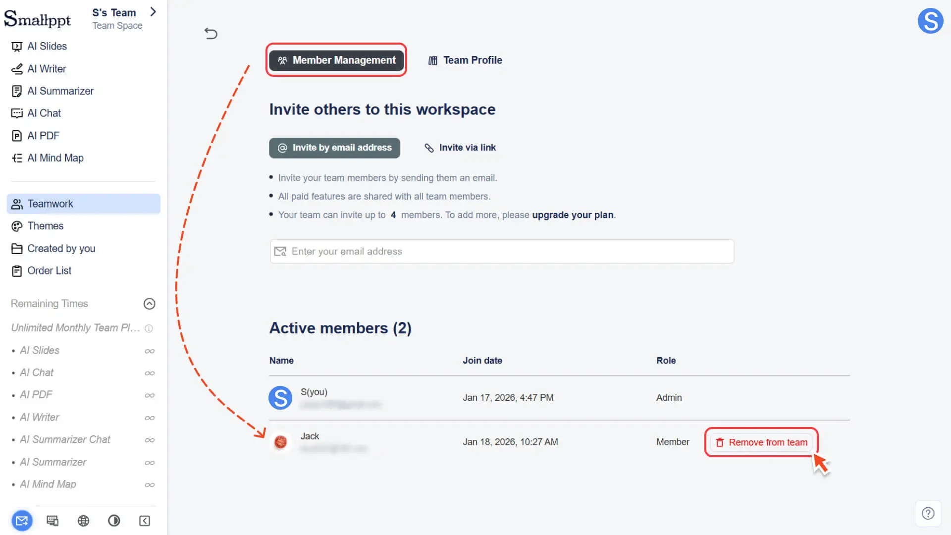 Select a team member and click Remove