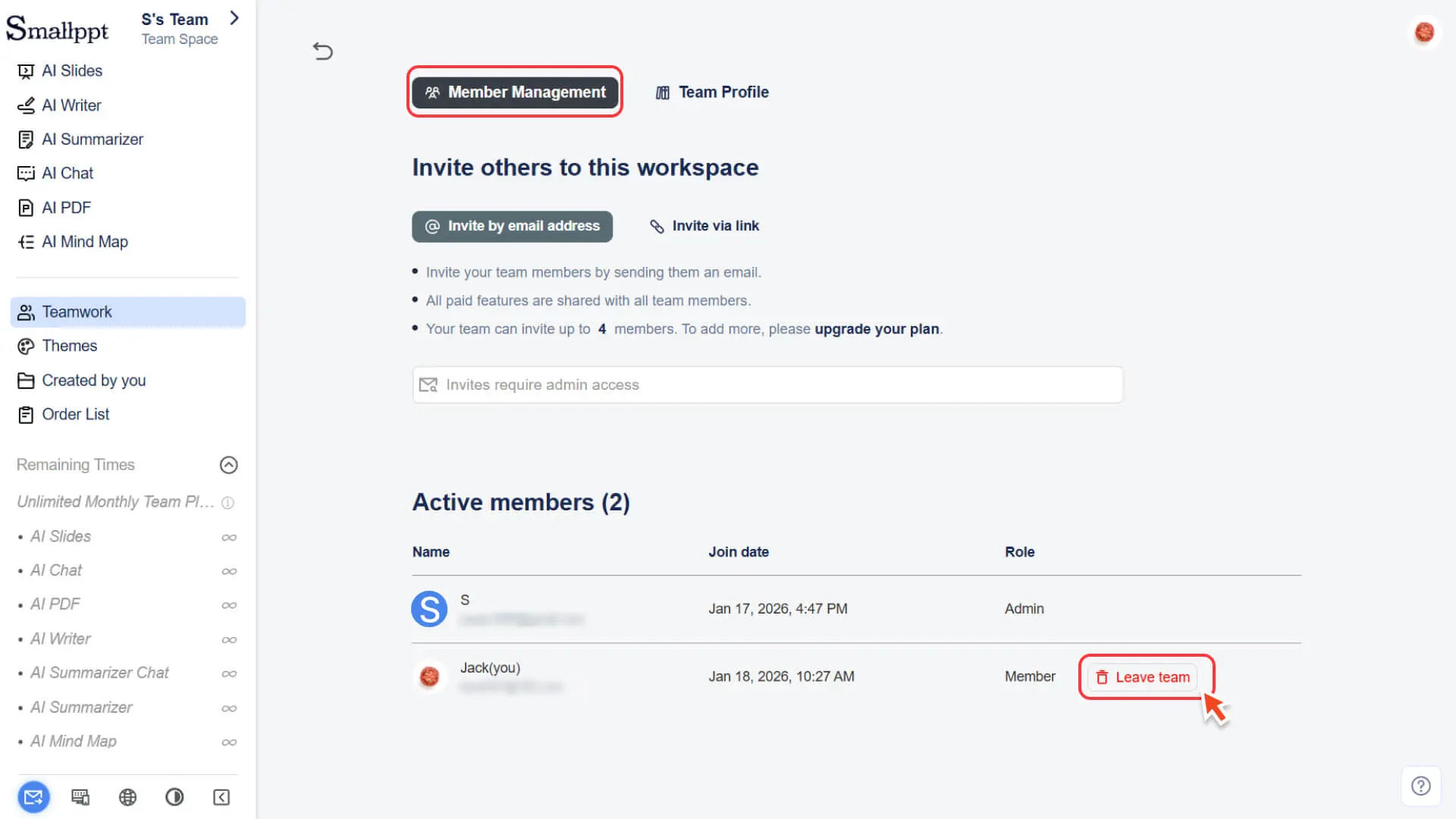Click Leave Team on the Member Management page