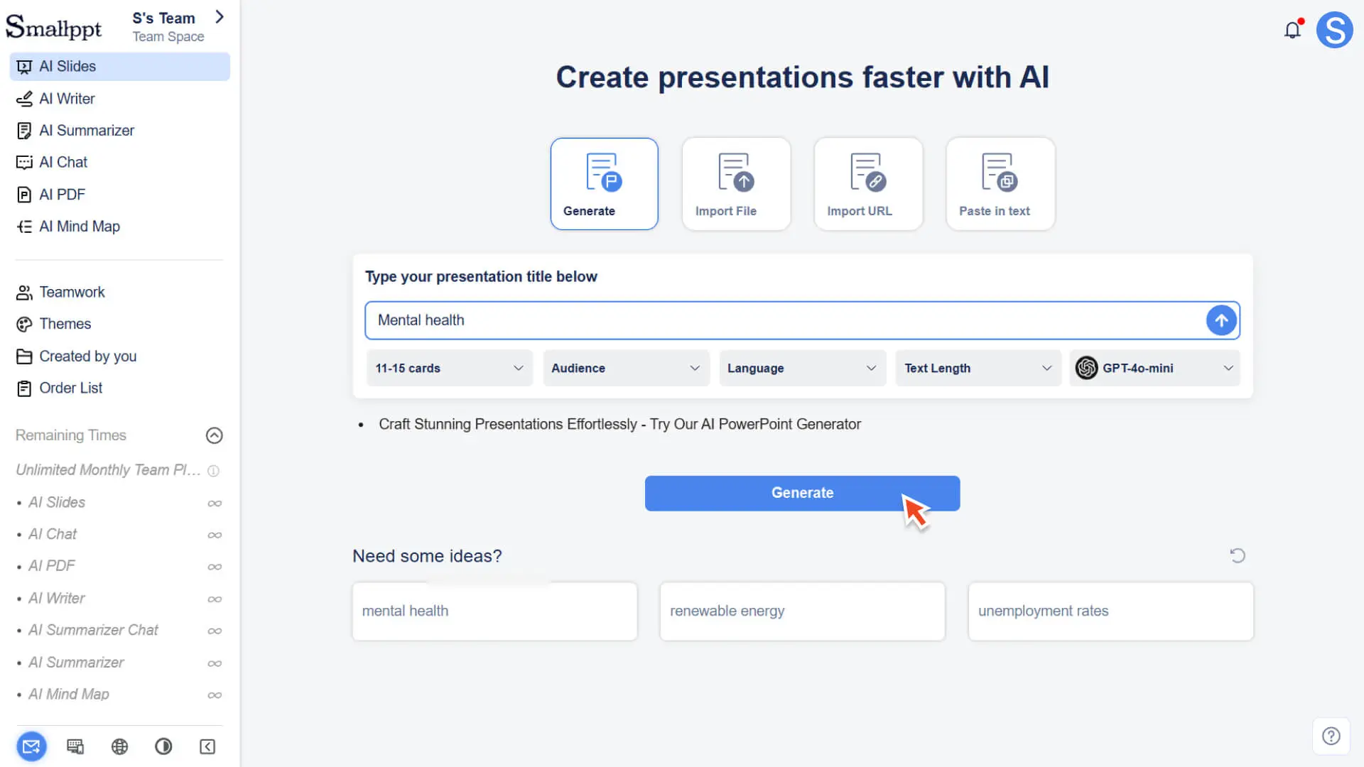 Generate a presentation with custom themes or requirements