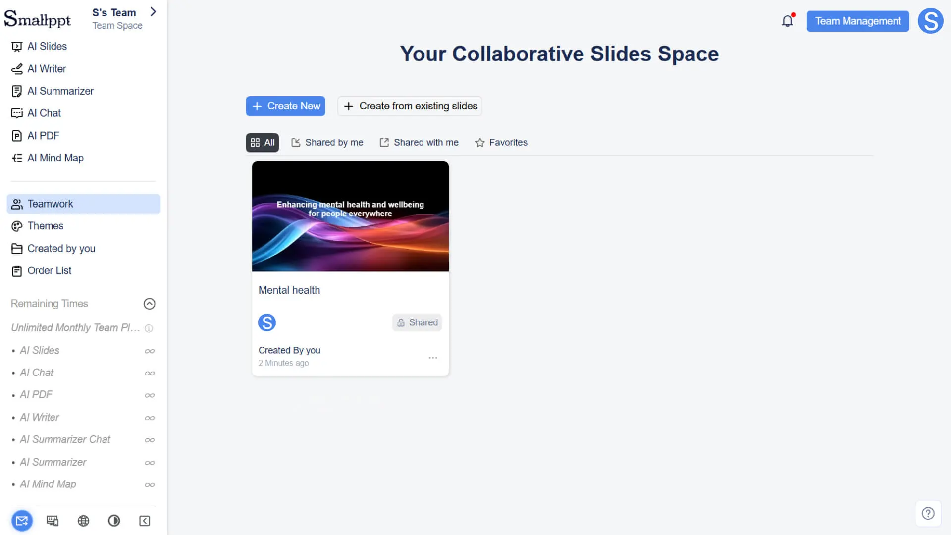 The team workspace is shared by default
