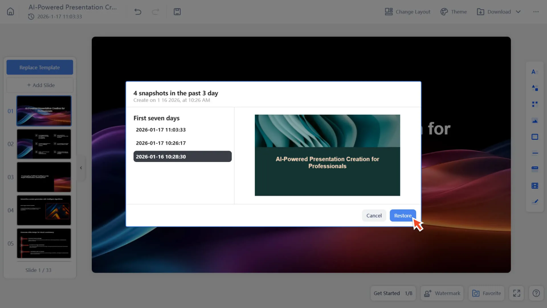 Select the version you want to restore from the version list
