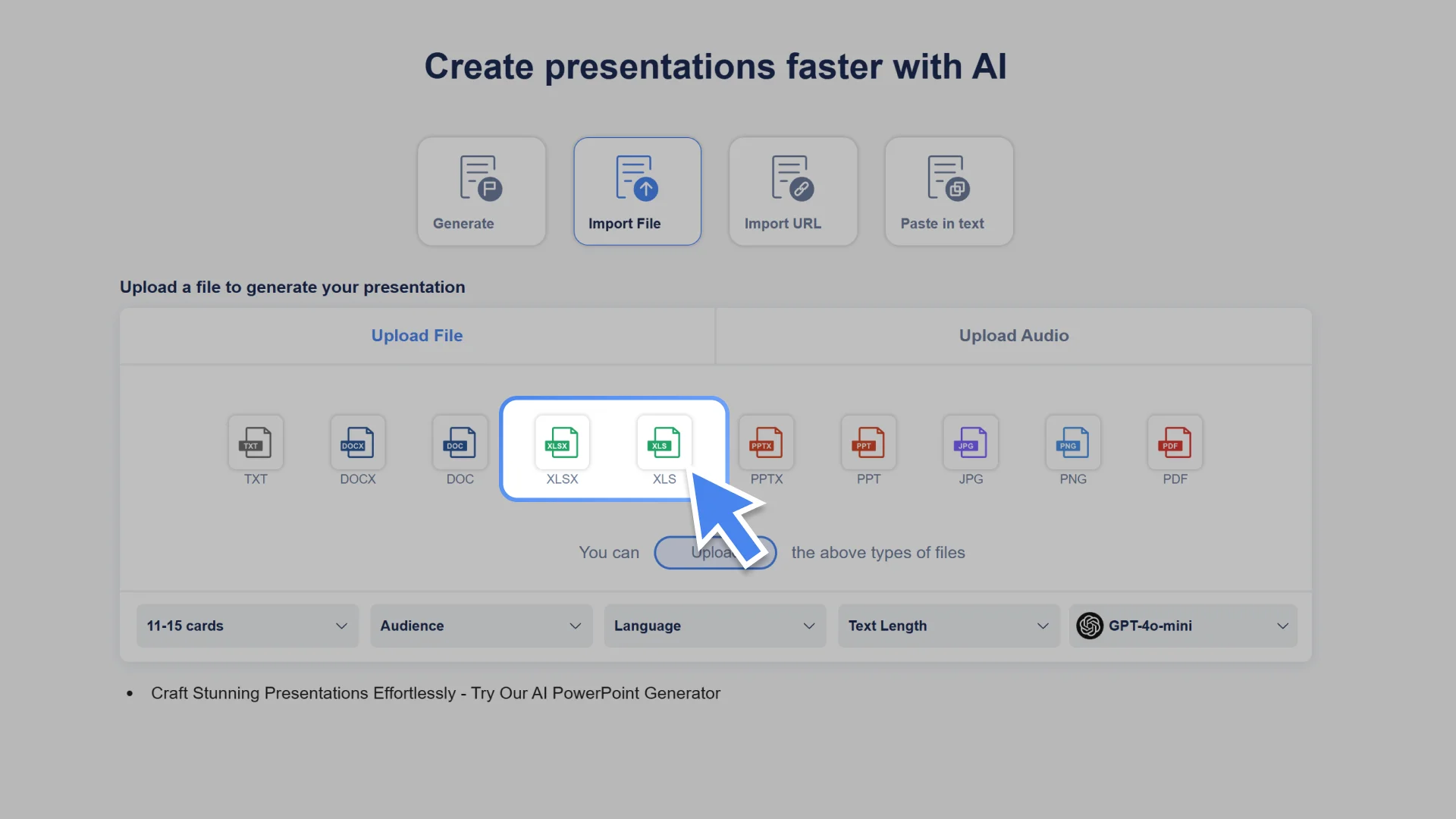 Upload your XLSX or XLS spreadsheet, and AI PowerPoint Generator will automatically read your data and prepare it into slides.