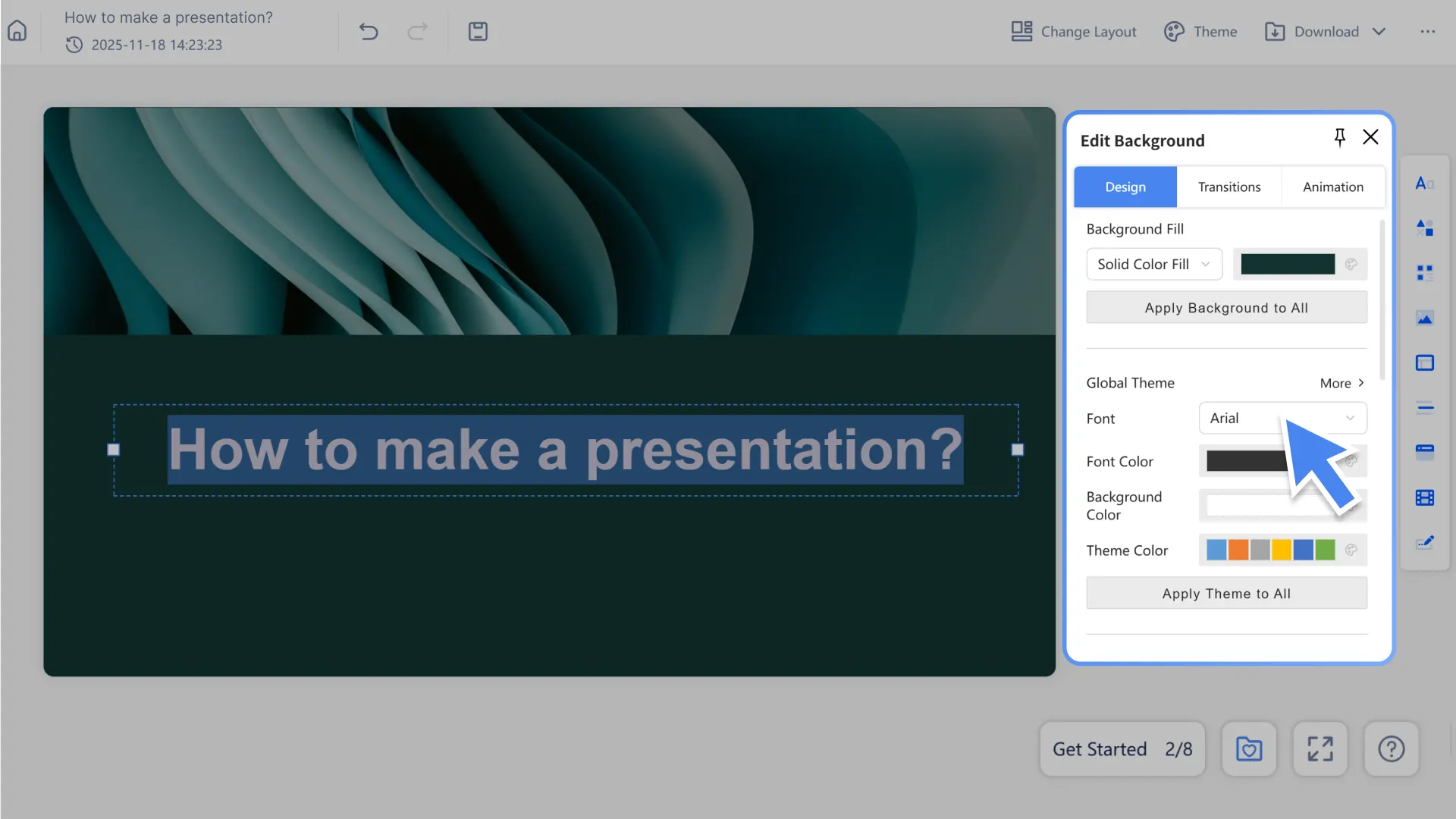 Using Smallppt's AI PowerPoint generator, you can directly access the slide editor to adjust your slides.