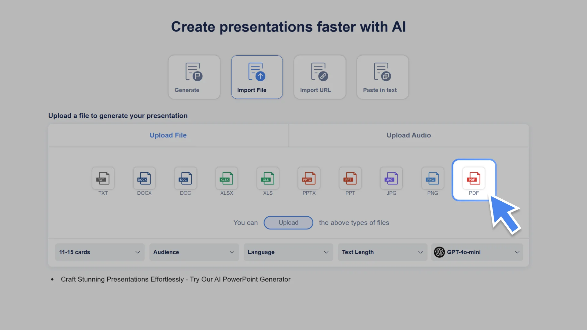 Upload your PDF file, and the AI ​​PowerPoint generator will read the document, extract the key points, and prepare to create your slides.