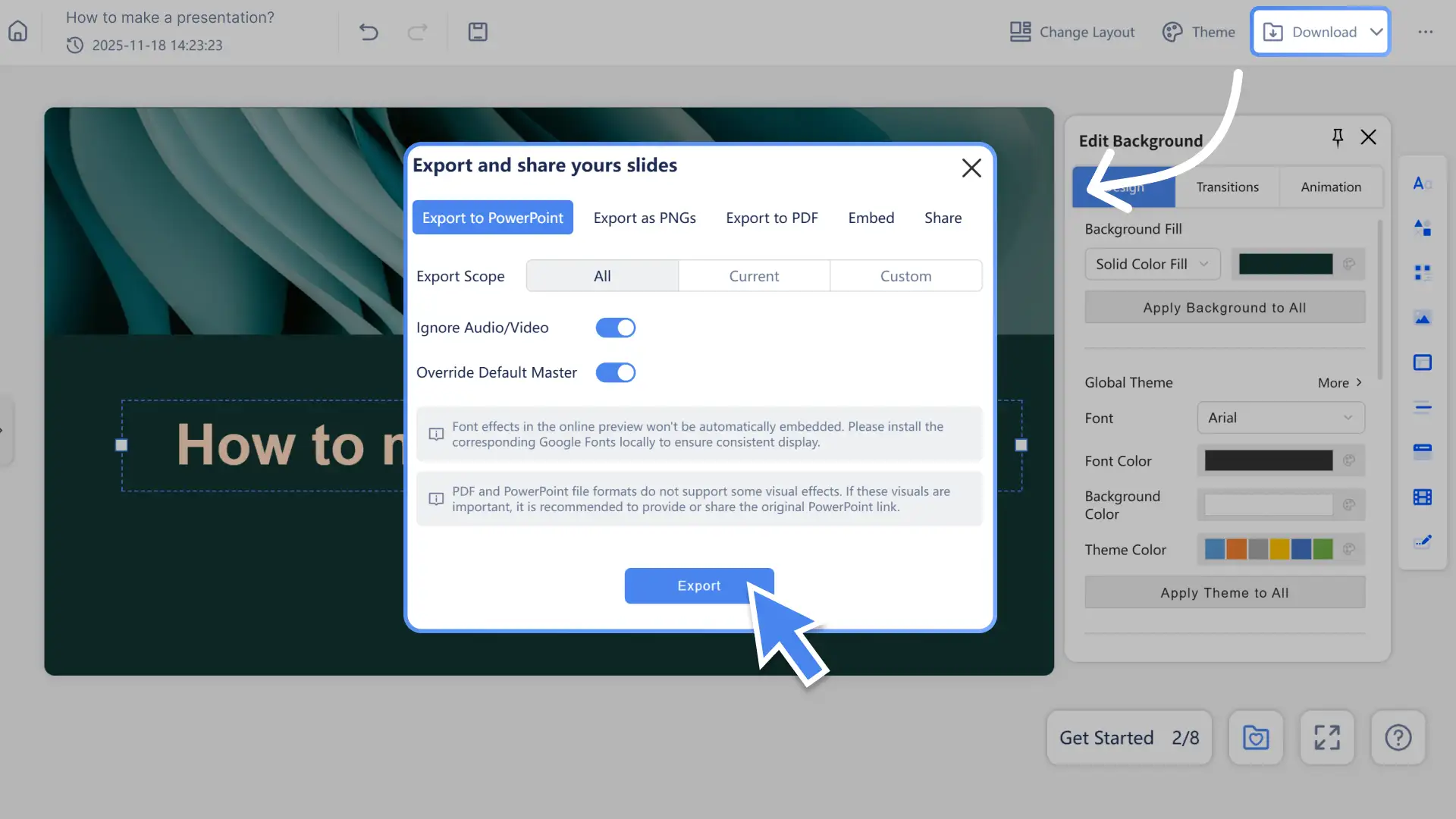 You can export your presentation as a PPTX or PDF file, or share the link directly.
